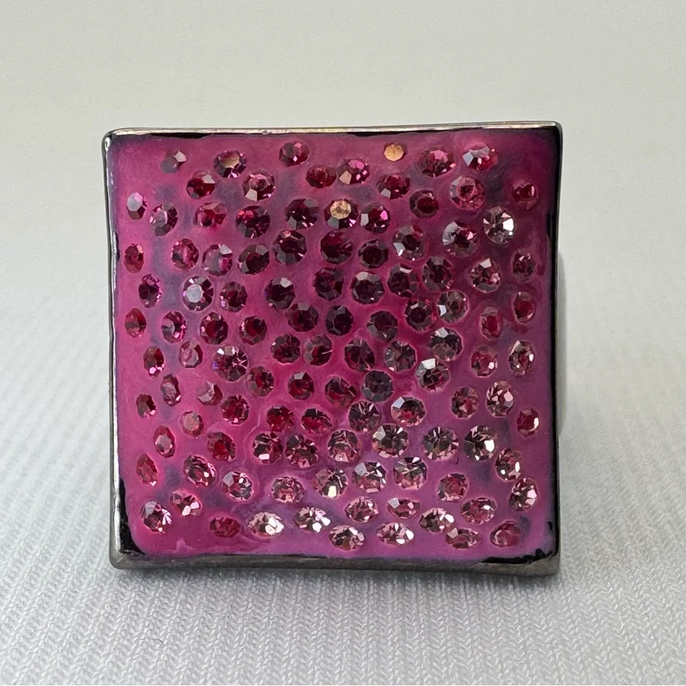 Pink Crystal Ombre Statement Ring Dark Gunmetal Tone Bold Square Ring